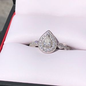 14KW 1/2 TW Pear Shape Halo engagement ring. White gold. Size 6.5